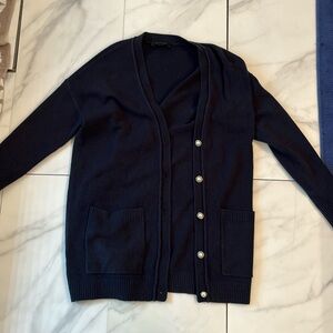 Navy tunic length cardigan with pearl buttons